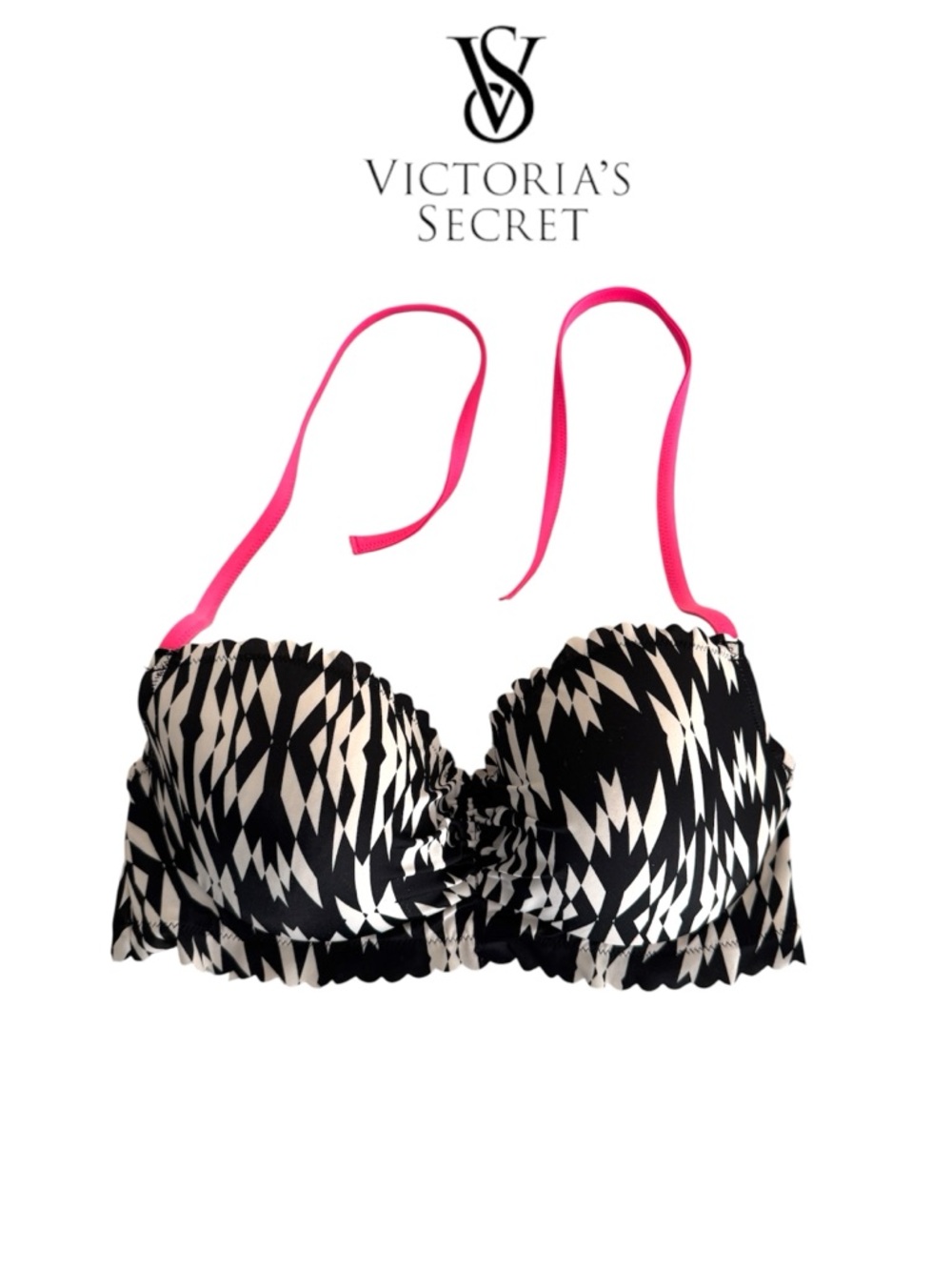 🛍️SALE🛍️ Victoria's Secret Black & White Refracted Geo Bikini Top w/ Pink Straps - Picture 2 of 7